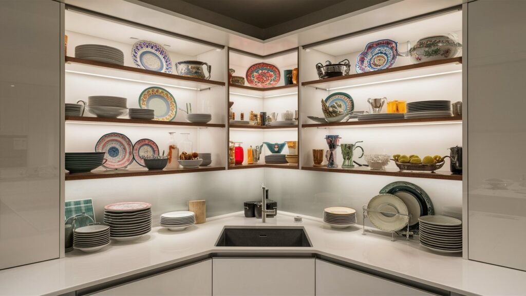 A corner sink cabinet with open shelving, displaying neatly organized dishes and decorative items. The adjustable shelves offer flexibility, creating an open and airy feel in the kitchen.