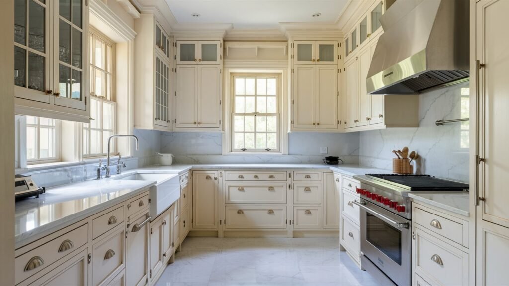 A kitchen featuring classic white cabinets, now considered out of style, with a clean and bright appearance.