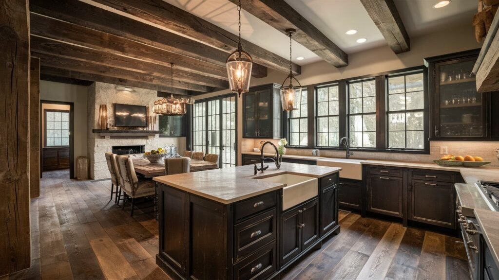 A rustic kitchen featuring dark-stained reclaimed wood floors, exposed wooden beams, vintage-style lighting, and a farmhouse sink. The natural imperfections of the wood add character and warmth to the space.