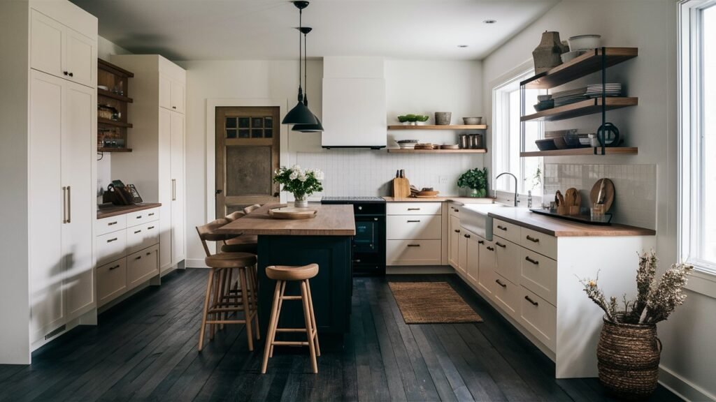 A Scandinavian-inspired kitchen with dark wood floors, white cabinets, natural wood accents, and minimalist decor. The contrast between dark and light elements creates a cozy and modern look.