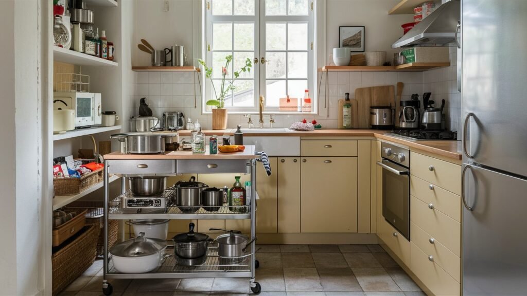 A small kitchen ideas on a budget with a rolling cart used for extra storage and prep space. The cart stores appliances, cookware, and pantry items, and can be easily moved around as needed. When not in use, it is tucked away in a corner, demonstrating its flexibility and practicality.
