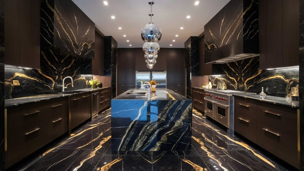 A kitchen featuring dark marble floors with natural veining, marble countertops, and backsplashes. The luxurious materials create a sense of drama and opulence.