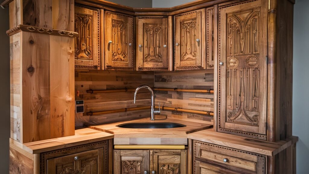 Cabinet An eco-friendly corner sink cabinet made from reclaimed wood and bamboo. The cabinet is paired with a water-saving faucet and a recycled material sink, promoting sustainability in the kitchen.