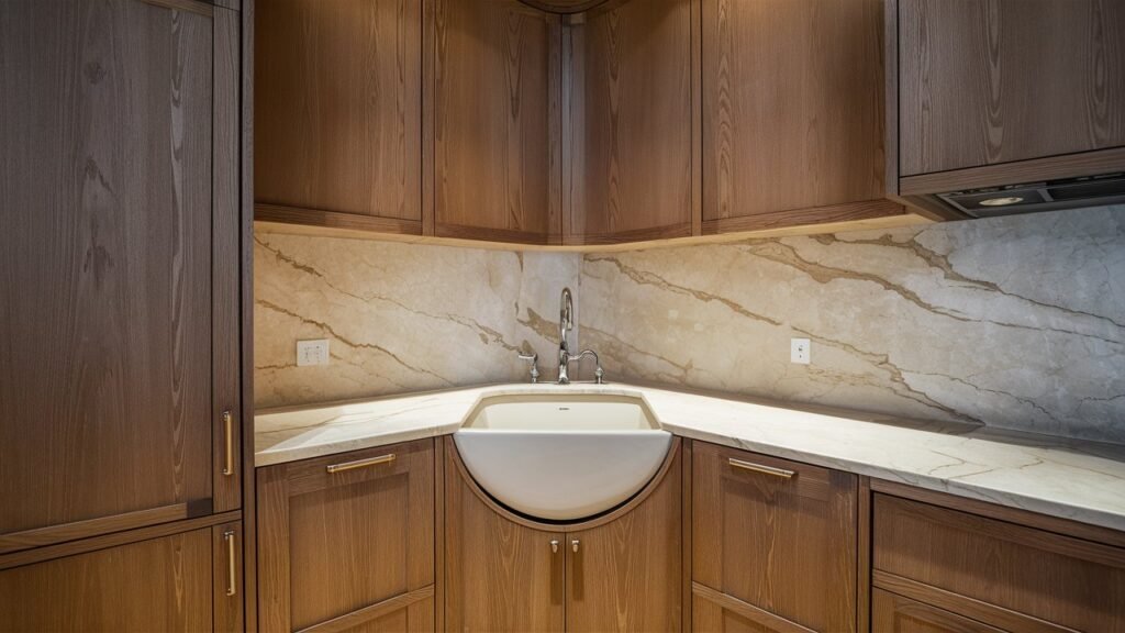 A transitional corner sink cabinet combining traditional wood and a modern marble countertop. The clean lines and neutral color palette create a balanced and sophisticated kitchen design.