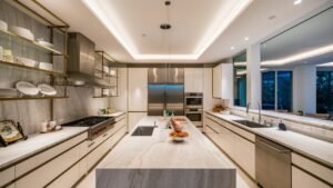 A sleek and modern small U-shaped kitchen layout featuring white cabinets, a marble countertop, and stainless steel appliances. The open shelving on the left wall showcases stylish dishware, adding a touch of elegance and functionality to the space.