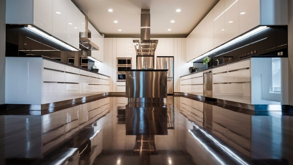 A luxurious kitchen with high-gloss dark laminate floors, high-gloss white cabinets, and modern fixtures. The reflective surfaces make the kitchen feel spacious and bright.