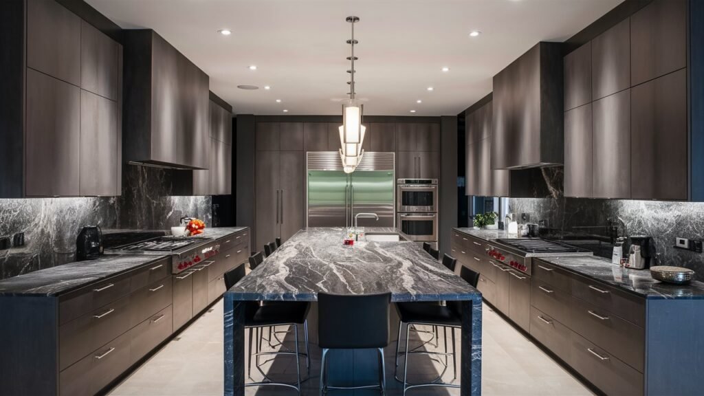 A sophisticated U-shaped kitchen with a monochrome color scheme. Varying shades of a single color are used for cabinets, countertops, and backsplash, creating a cohesive and spacious look.