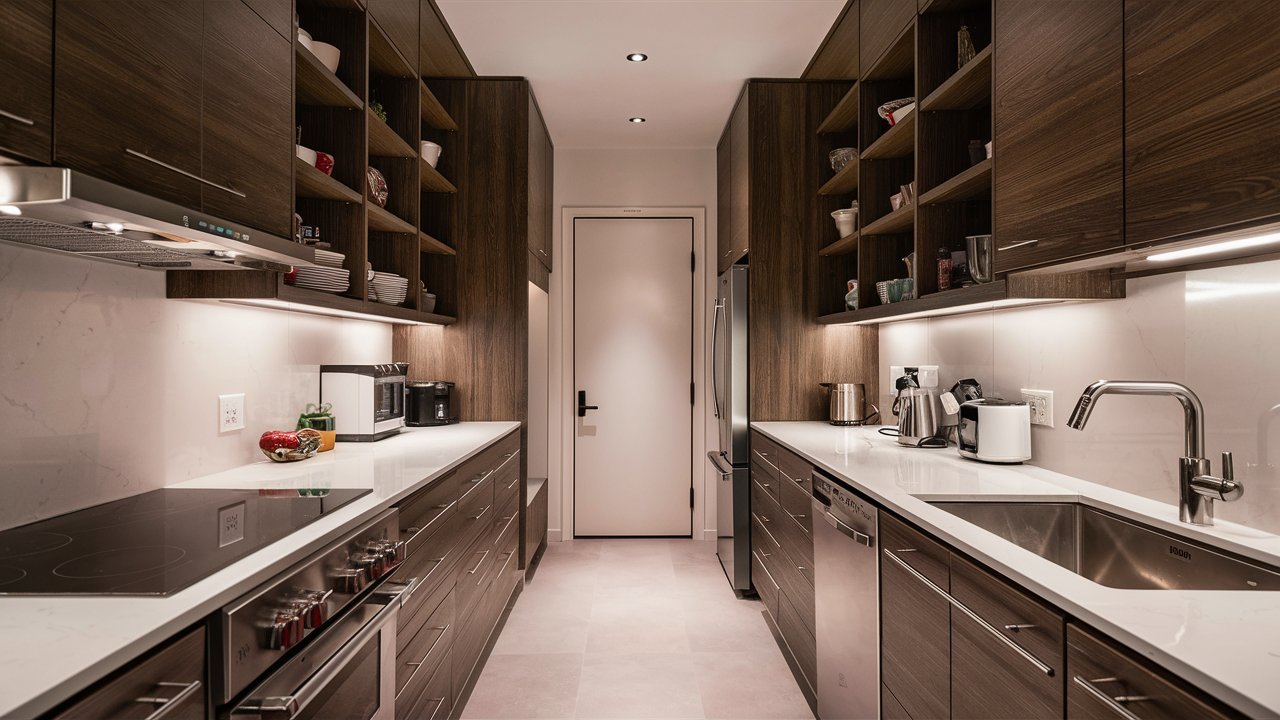 A beautifully designed small galley kitchen showcasing optimal use of vertical space with ceiling-height cabinets, open shelving, and under-cabinet storage solutions. The compact and sleek appliances add a modern touch to the efficient layout, maximizing both storage and workflow.