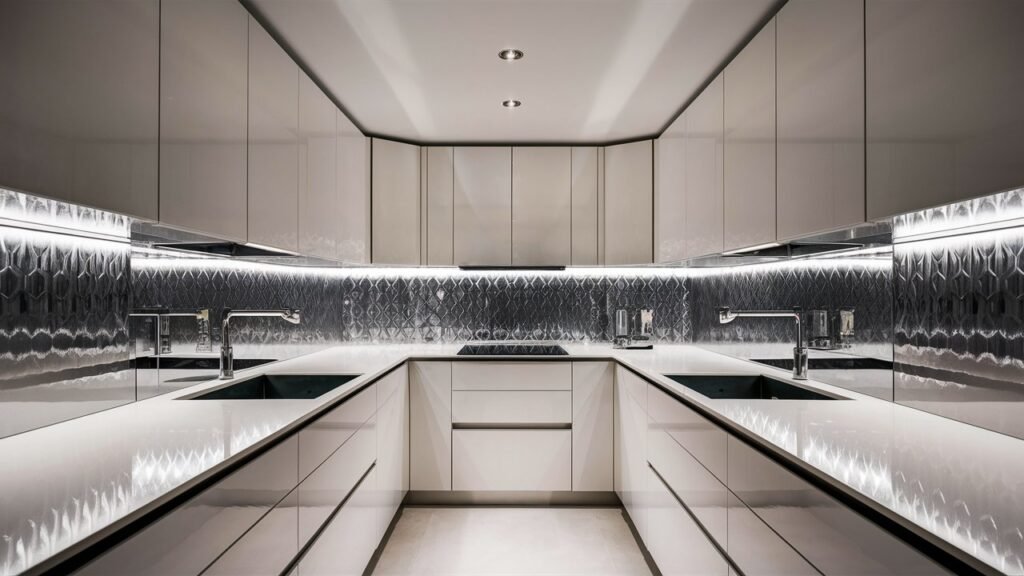 A modern U-shaped kitchen with high-gloss white cabinets, a sleek backsplash, and minimalistic fixtures. The reflective surfaces make the small space appear larger and more open.