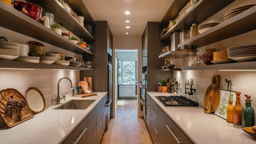 Modern small galley kitchen ideas featuring open shelving that creates a sense of openness and provides easy access to favorite dishes and decorative items. This setup not only adds a personal touch but also frees up cabinet space for other storage needs.