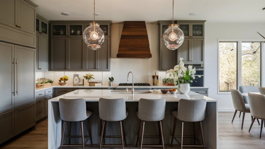 "A stylish kitchen cabinet color trends with warm gray cabinets, white countertops, and modern decor, reflecting the sophisticated and versatile trend of warm grays.