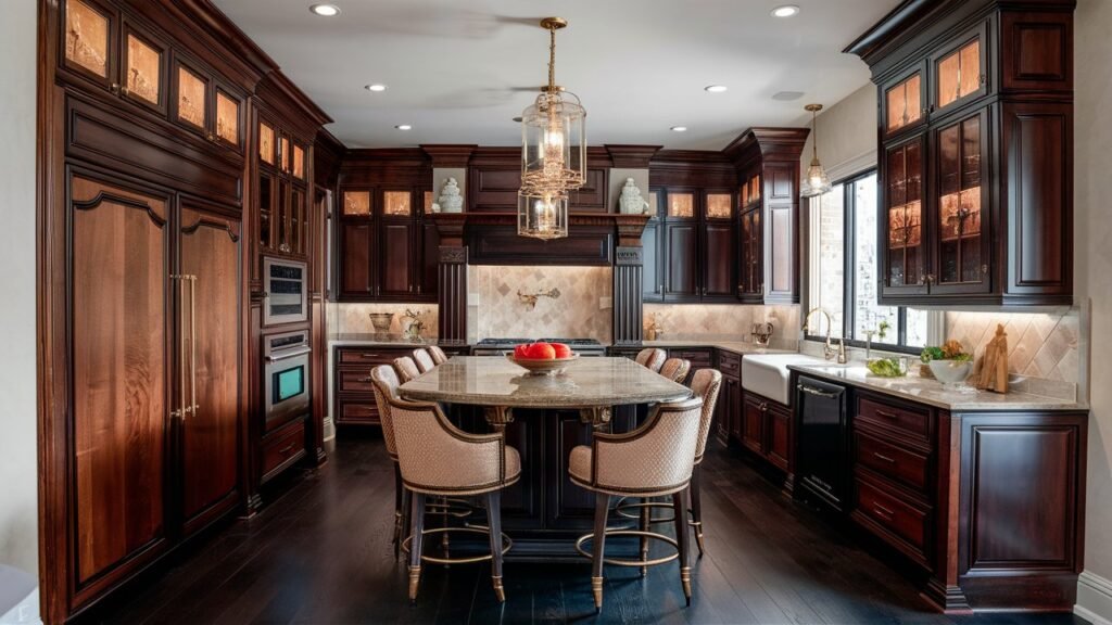 A traditionally elegant kitchen with dark wood floors, rich cabinetry, and ornate details. The dark floor enhances the classic feel of the space, complemented by luxurious finishes.