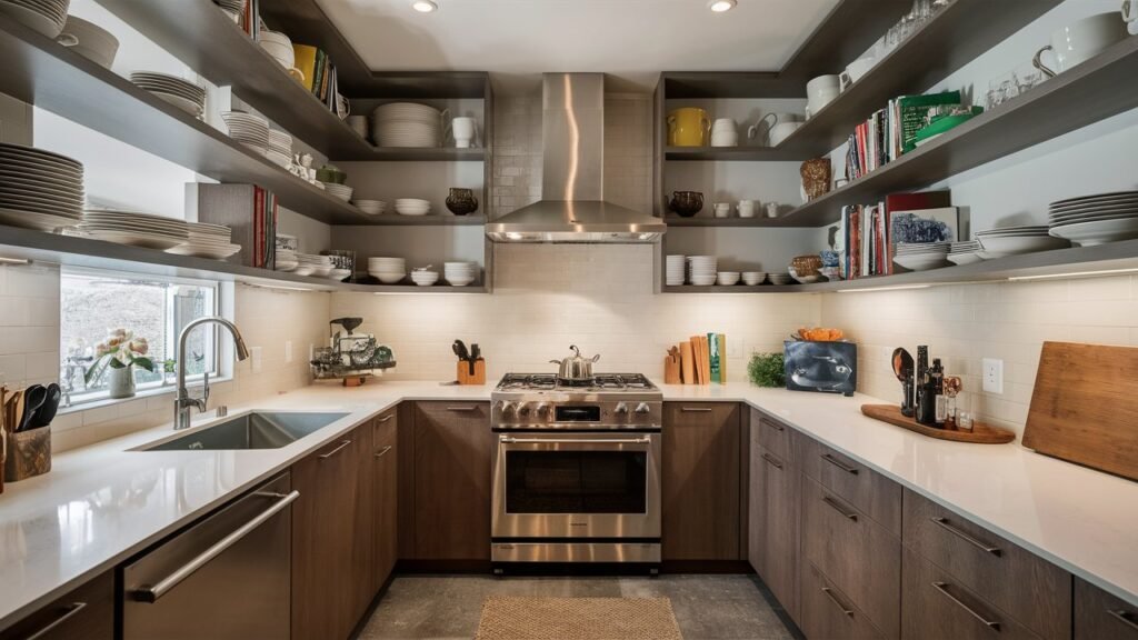 A U-shaped kitchen featuring open shelves in place of upper cabinets. Stylish dishware and cookbooks are displayed, giving the kitchen a contemporary and spacious feel.