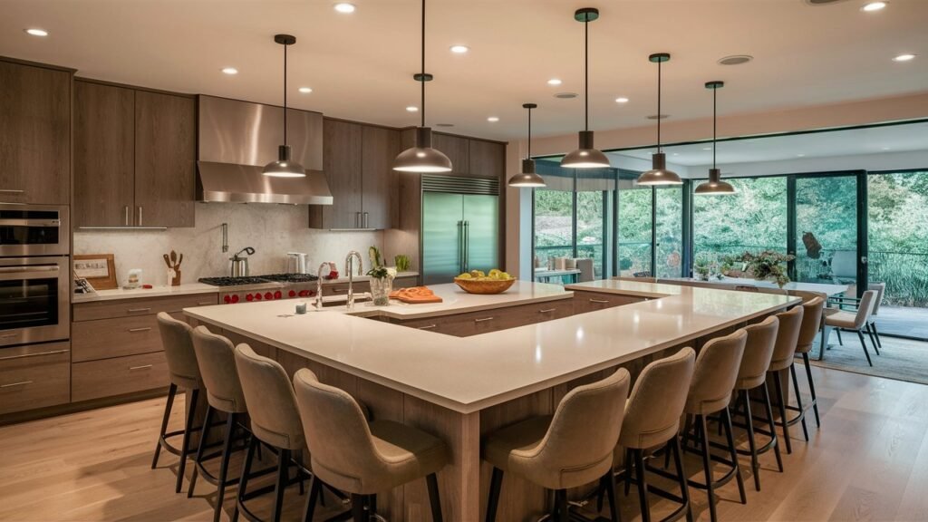 A U-shaped kitchen with one countertop side utilized as a seating area. Bar stools or a built-in bench create a cozy breakfast nook, enhancing the kitchen's functionality.