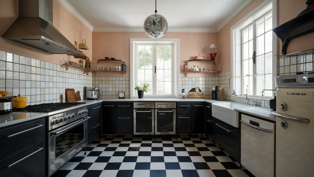 A vintage-inspired kitchen with black and white checkered floors, retro-style appliances, and fixtures. The classic pattern adds a touch of nostalgic glamour to the space.