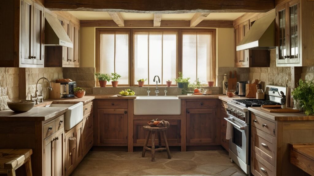 A cozy U-shaped kitchen with wooden cabinets, exposed beams, and a farmhouse sink. The rustic elements blend with modern appliances for a warm and inviting space.