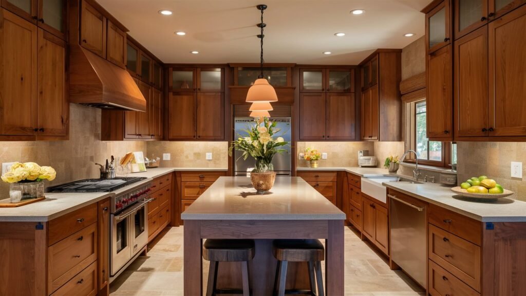 A warm U-shaped kitchen with wooden cabinets in a rich, warm finish. Neutral countertops and a cozy ambiance created by soft lighting make the kitchen inviting and functional.