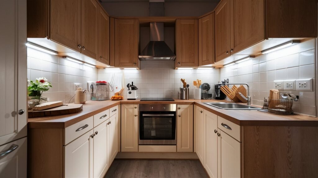 A well-lit small kitchen with under-cabinet strip lights illuminating the countertops. The lighting provides ample light for food prep and creates a bright and welcoming atmosphere without taking up counter space.
