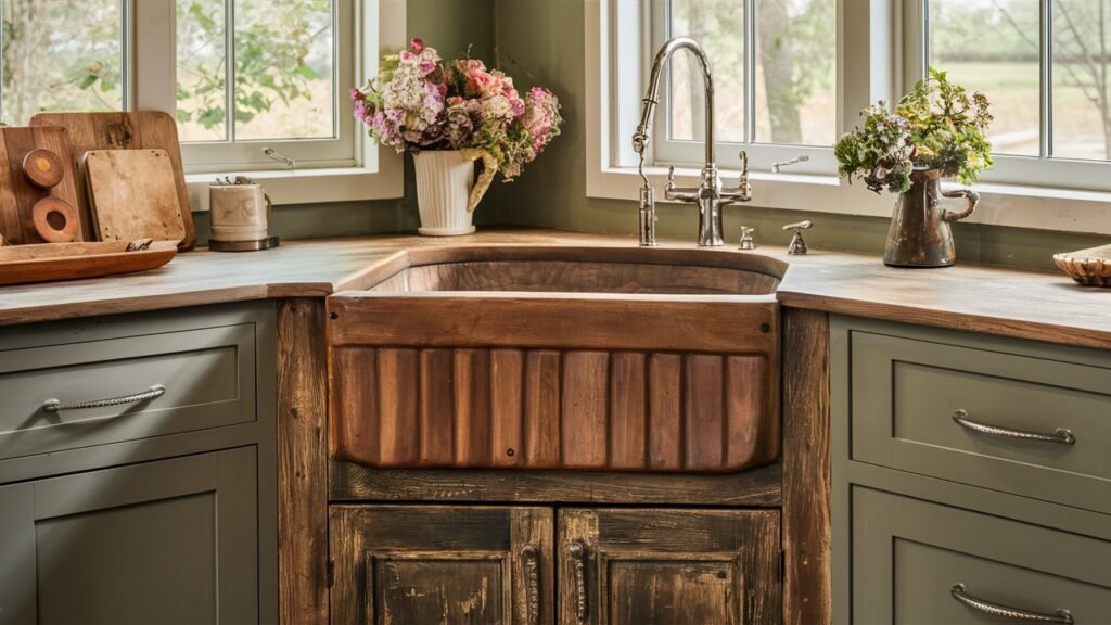 An apron-front farmhouse sink installed in a distressed wood corner cabinet. The deep basin and rustic finish create a cozy, country-inspired kitchen atmosphere.