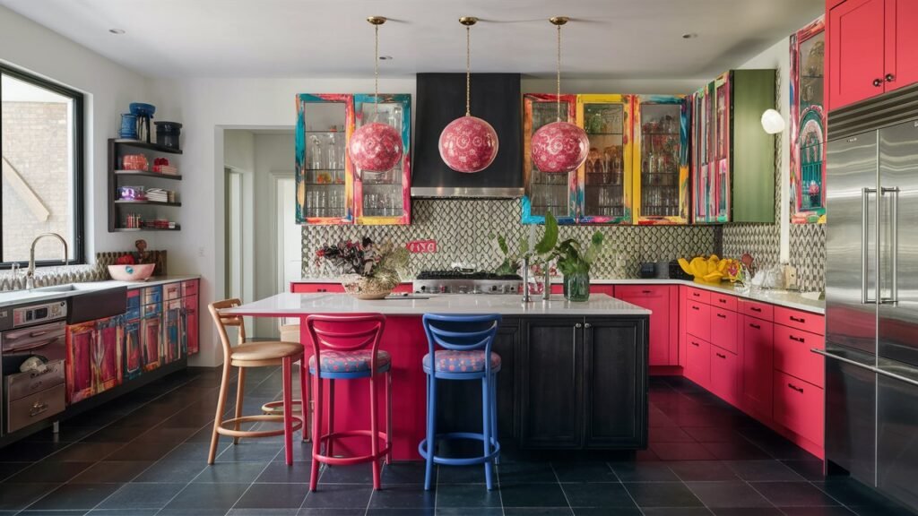 An eclectic kitchen with dark floors, vibrant colorful cabinets, and a mix of bold decor elements. The dark floor provides a neutral base that allows the colors to stand out.