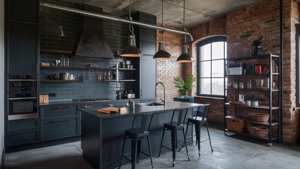 An industrial-style kitchen with dark matte gray tiles, exposed brick walls, metal shelving, and industrial-style lighting fixtures. The edgy vibe is enhanced by the urban-inspired decor.