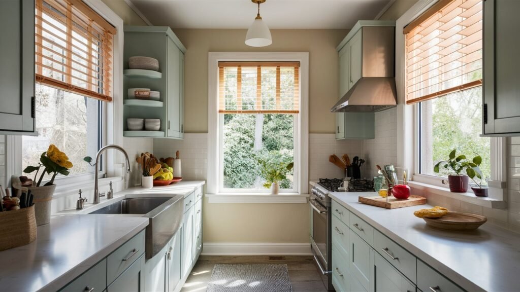 Bright and airy small galley kitchen ideas with ample natural light streaming in through open windows. Light-colored blinds and walls enhance the light, creating a warm and inviting atmosphere."