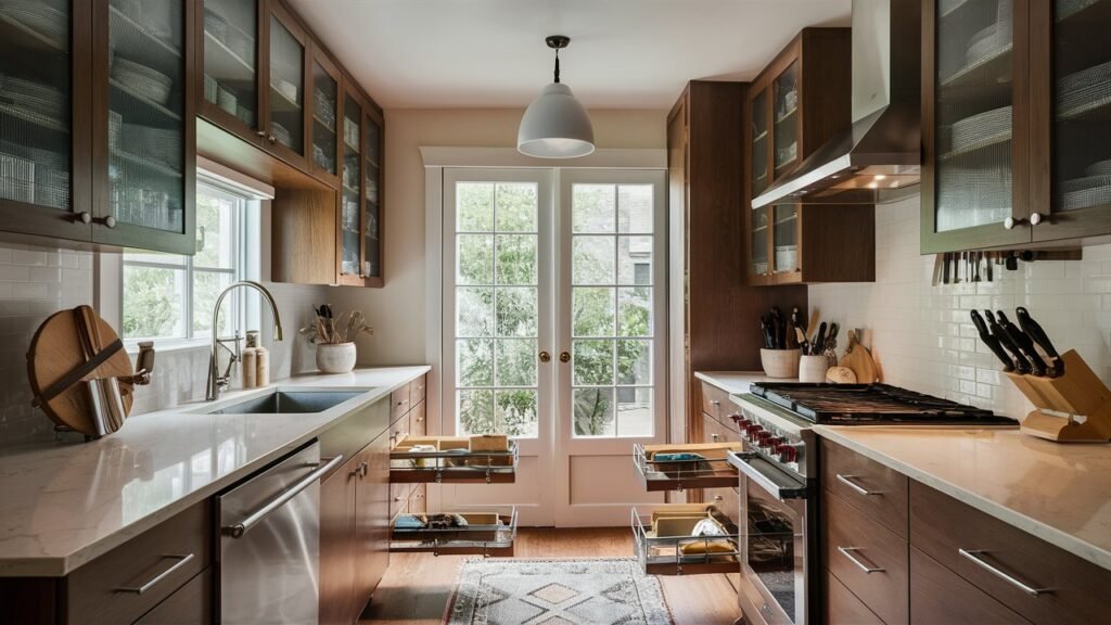 Maximize every inch of your kitchen with clever storage solutions like drawer dividers, pull-out shelves, and lazy Susans. Magnetic strips on the wall hold knives and metal utensils, freeing up drawer space. These budget-friendly small kitchen ideas reduce clutter and enhance efficiency.