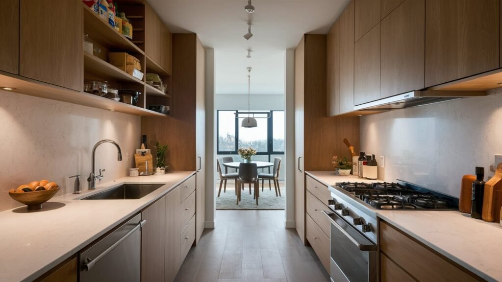 Tall, ceiling-height cabinets in a small galley kitchen ideas provide ample storage while maintaining a streamlined and cohesive look. The top shelves are perfect for less frequently used items, keeping daily essentials within easy reach.

