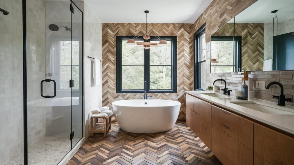 A bathroom floor showcasing herringbone pattern tiles, adding movement and visual interest.