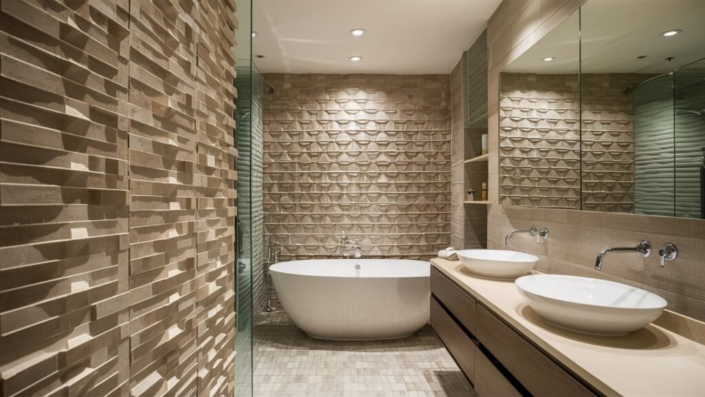 Bathroom walls featuring 3D textured tiles, creating depth and a dynamic visual effect.