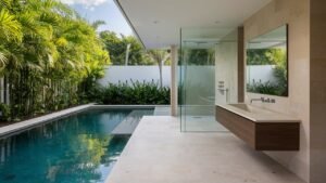 A luxurious pool outdoor bathroom seamlessly integrated into a modern backyard. The bathroom features sleek, minimalist design elements with a frameless glass shower enclosure, natural stone flooring, and a floating wooden vanity. Lush greenery surrounds the space, blending the bathroom with the outdoor environment. The pool glistens in the background, reflecting the elegance and functionality of the bathroom design.