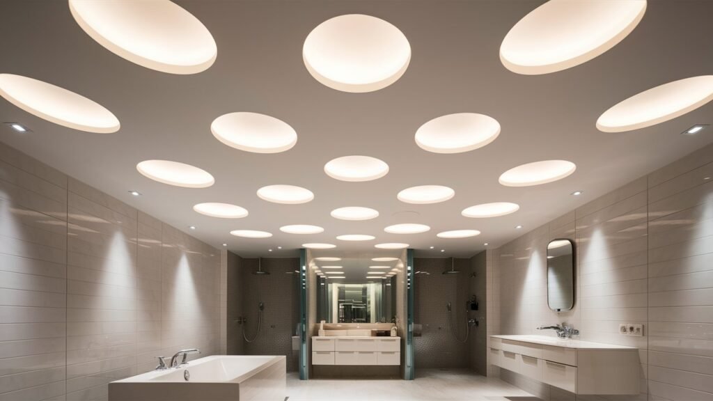 A bathroom with recessed lighting in the ceiling, creating a bright and uncluttered atmosphere. The lighting setup ensures ample illumination without taking up any space.

