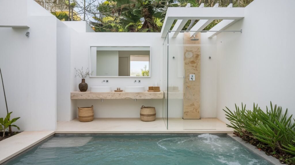 A clean, minimalist pool outdoor bathrooms with a wall-mounted sink, floating vanity, and frameless glass shower. The space is bright and airy with neutral colors and natural stone elements, surrounded by greenery.