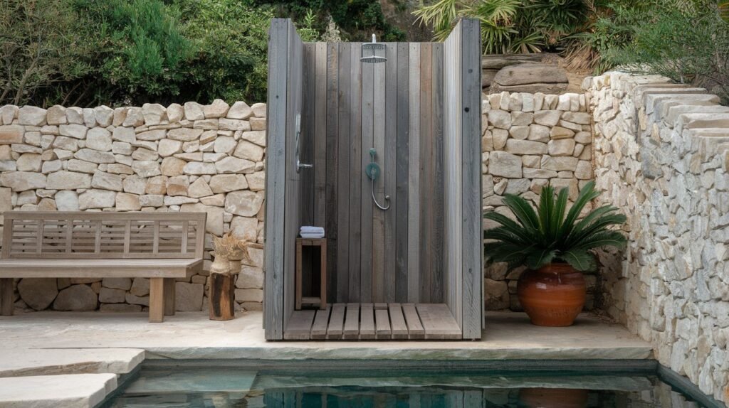 A rustic pool outdoor bathrooms featuring reclaimed wood and natural stone. The outdoor shower is set against a stone wall with a wooden bench nearby. Potted plants add to the organic atmosphere.