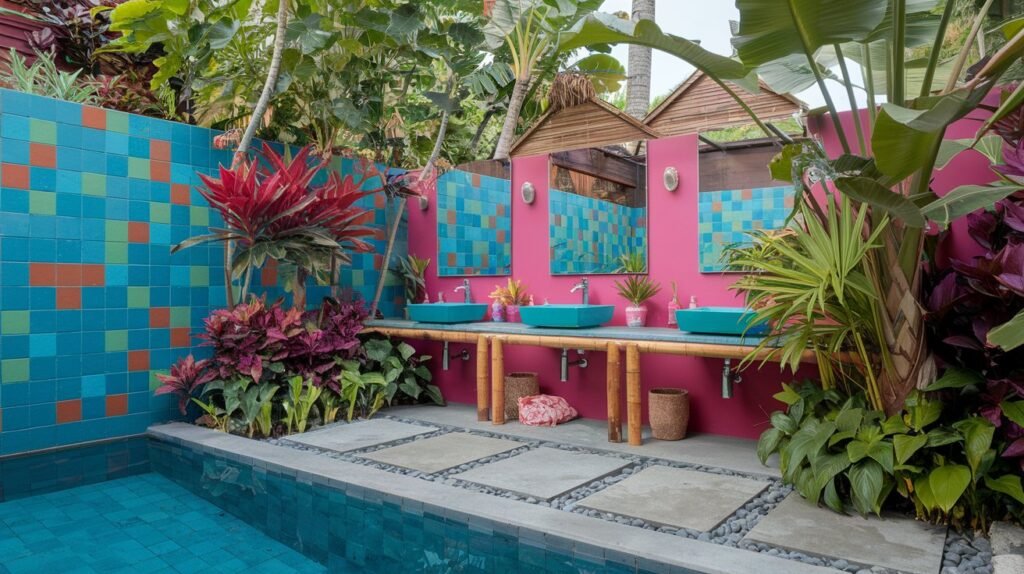 A vibrant tropical-themed pool outdoor bathroom with bamboo and teak fixtures, bold, colorful tiles, and a pebble stone floor. The area is surrounded by lush tropical plants, enhancing the exotic feel.