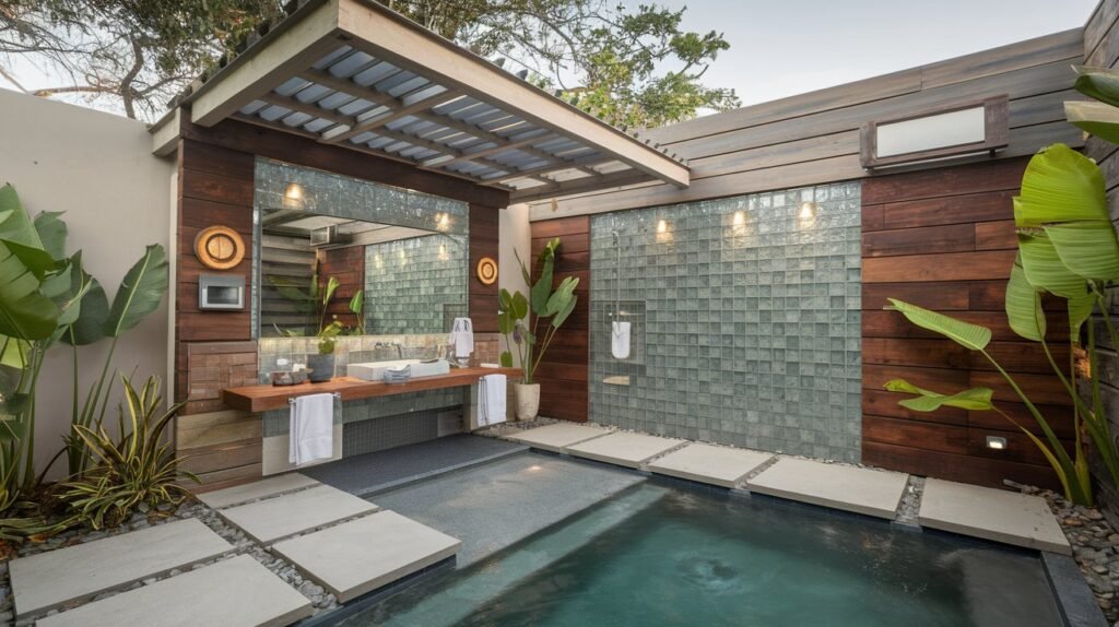 An eco-friendly pool outdoor bathroom made with sustainable materials like reclaimed wood and recycled glass tiles. Solar-powered lighting and drought-resistant plants surround the bathroom, reflecting its environmentally conscious design.