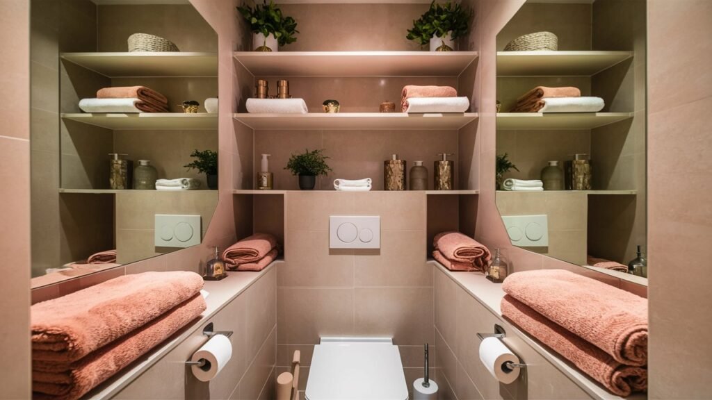 Shelving units installed above the toilet, offering additional storage in a small bathroom. The shelves hold towels and decorative items, making use of otherwise wasted space.

