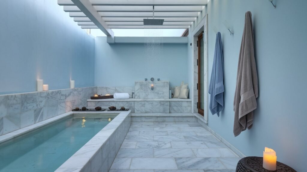 A spa-inspired pool outdoor bathroom featuring a deep soaking tub, marble surfaces, and a rainfall showerhead. Soft blues and neutrals dominate the color palette, with plush towels and candles adding to the serene ambiance.