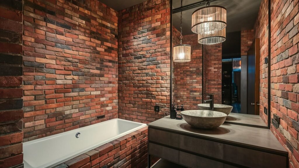 An industrial-themed bathroom with brick-look tiles, adding warmth and rugged charm to the space.