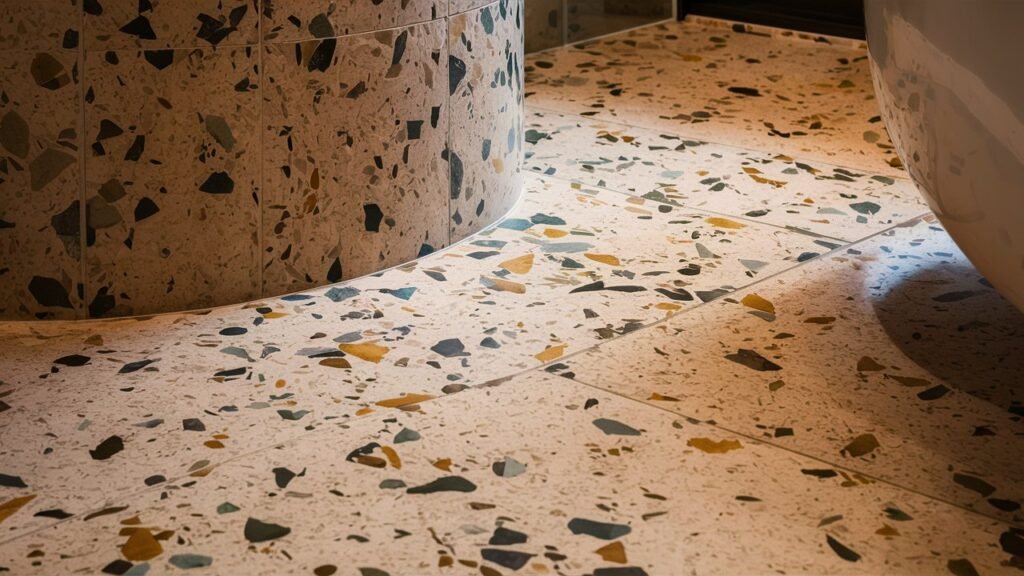 Bathroom tile designs for indian flooring featuring terrazzo tiles with a speckled appearance, adding texture and interest to the space.