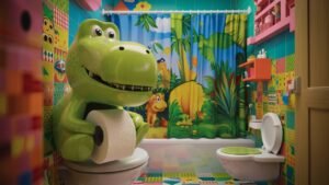 A colorful and playful bathroom toilet paper holder scene featuring a child-friendly toilet paper holder. The holder is mounted at an easily accessible height and is designed with bright colors or fun shapes, such as a dinosaur or cartoon character. The bathroom is decorated in a lively, kid-friendly theme, with elements like a cheerful shower curtain, colorful tiles, and child-sized bathroom accessories.