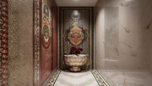 An elegant bathroom tile designs for indian homes interior showcasing a blend of traditional and modern tile designs tailored for Indian homes. The walls feature intricate mosaic patterns with a touch of Indian motifs, while the floor is adorned with marble-look porcelain tiles. The overall ambiance exudes a harmonious blend of cultural richness and contemporary style, perfectly capturing the essence of Indian bathroom design.