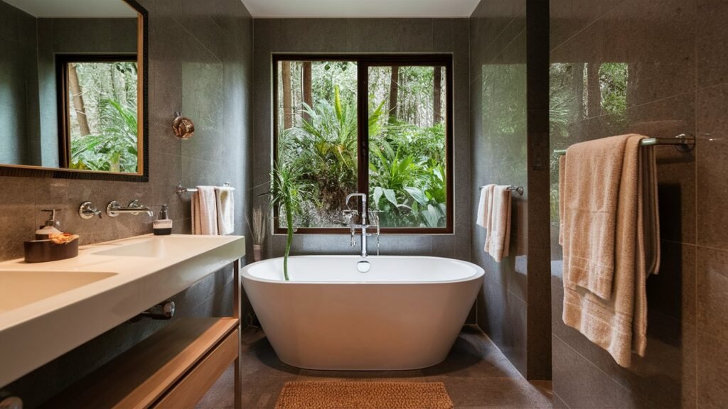 A small bathroom featuring a compact, deep-soak bathtub that fits snugly into the space. The tub provides a luxurious experience without dominating the room.

