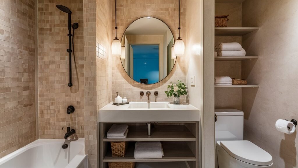 A small bathroom with a compact vanity that includes open shelving. The vanity fits perfectly into the space without overwhelming it, offering storage while maintaining a light, airy feel.

