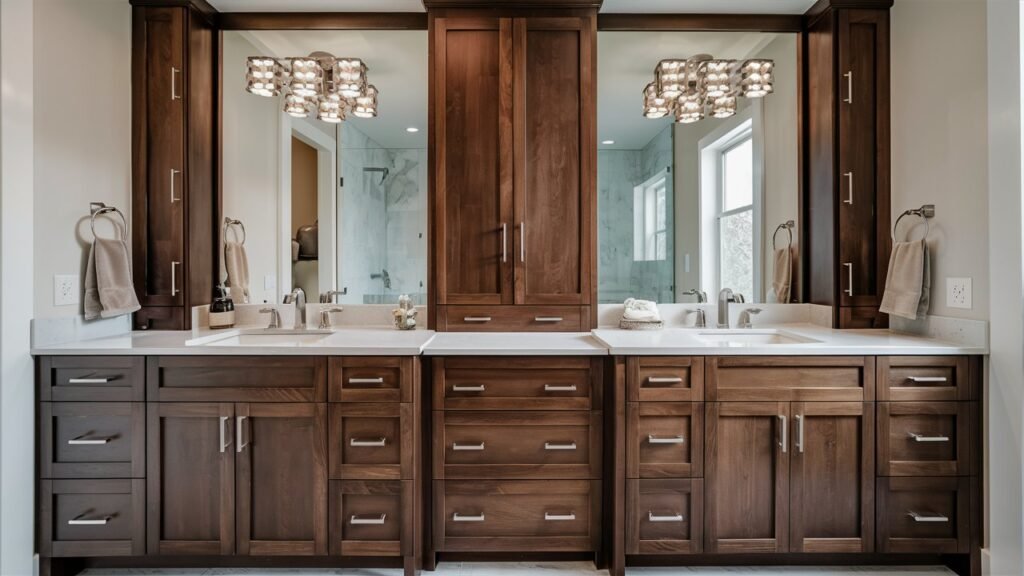 A spacious double sink vanity in a modern bathroom, featuring a dark wood finish and quartz countertops. Each sink has its own set of drawers and cabinets, providing ample storage. The vanity is paired with large mirrors and chic lighting fixtures, adding a touch of luxury.

