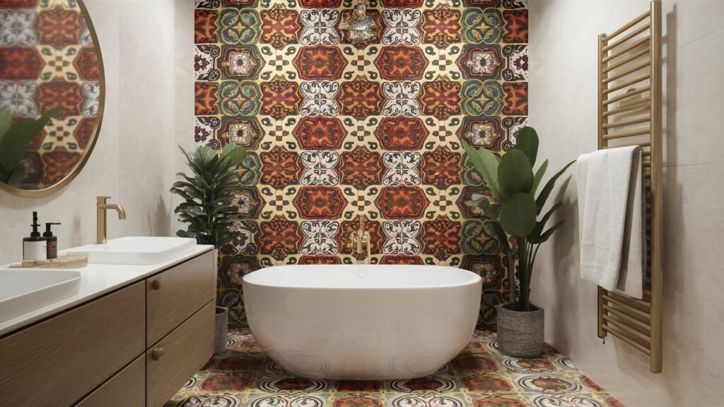 A vibrant bathroom tile designs for indian accent wall showcasing intricate Moroccan tile patterns, adding a striking focal point to the space.

