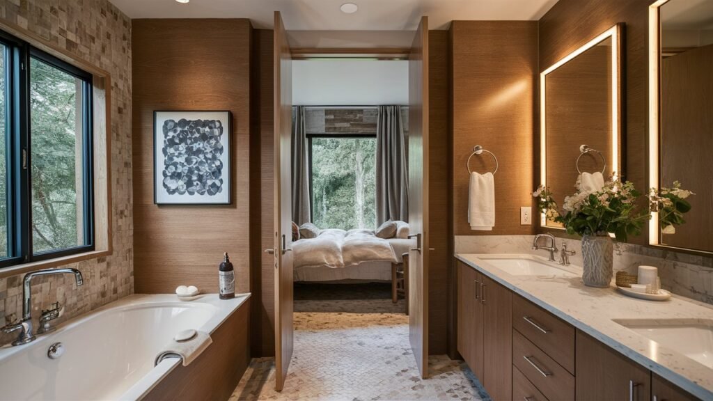 A small bathroom with a pocket door that slides into the wall, saving floor space and adding to the room's functionality. The door design blends seamlessly with the bathroom's decor.

