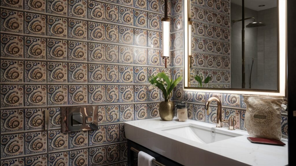 A close-up of bathroom tile designs for indian homes walls featuring tiles with traditional Indian motifs like Paisleys and Mandalas, paired with modern fixtures for a balanced aesthetic.

