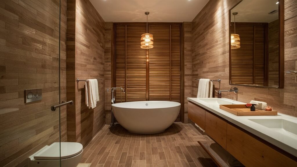  A cozy bathroom tile designs for indian with wood-look tiles on the floor, creating a warm and spa-like atmosphere that complements both contemporary and traditional Indian decor.

